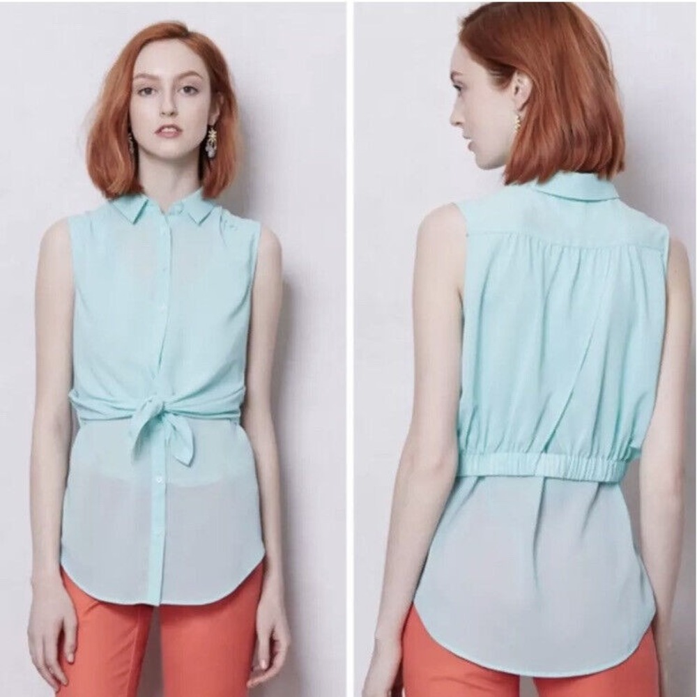 Maeve Sleeveless Button Down Blouse Womens 10 Mint Green Layered Elastic Back